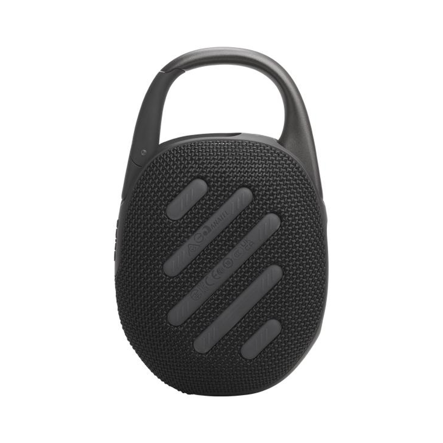 Altoparlante portatile nero con clip a moschettone e pannello frontale scanalato.