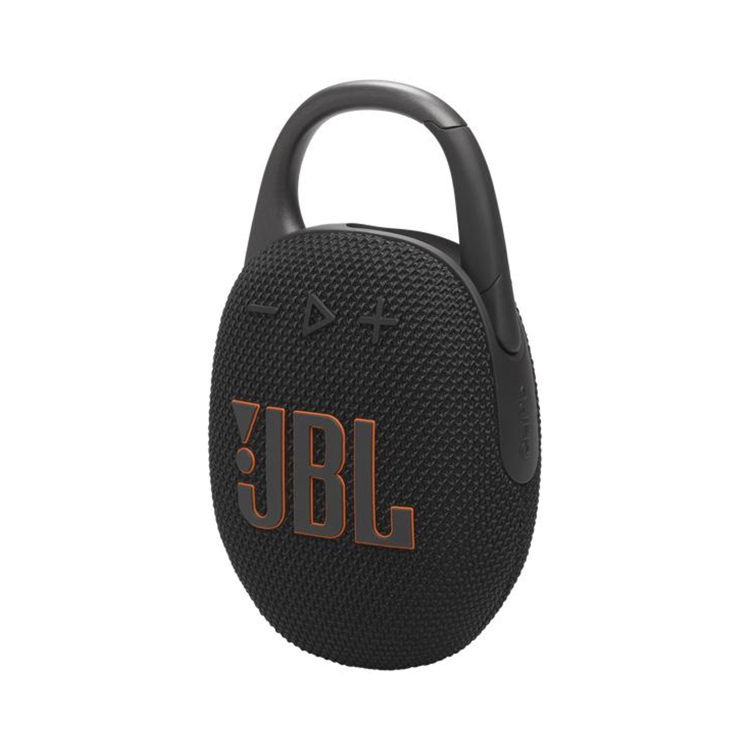 Altoparlante JBL portatile nero con logo arancione e clip di trasporto.