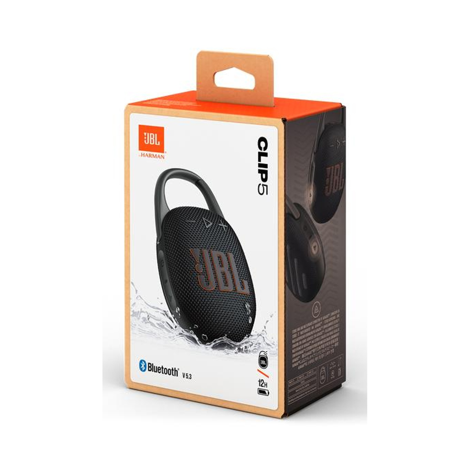 Scatola altoparlante Bluetooth JBL Clip 5, nera, con effetto acqua.