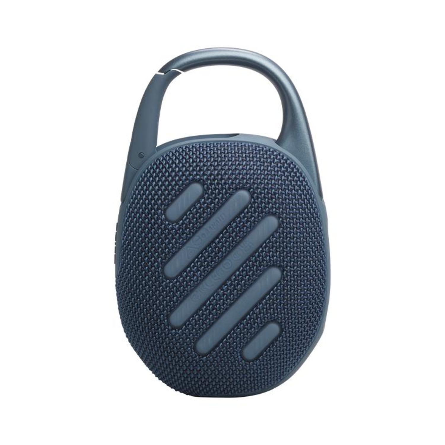 Un altoparlante portatile blu scuro con manico a moschettone, isolato.