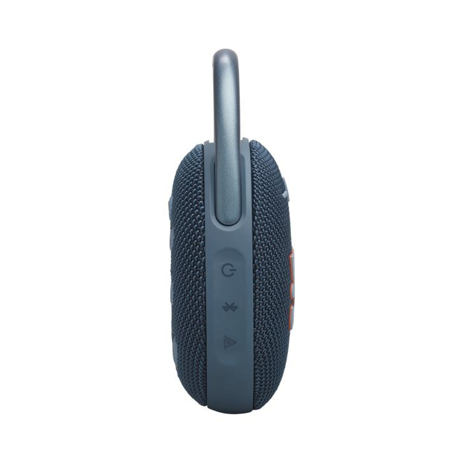 Un altoparlante JBL blu scuro con moschettone visto di lato.