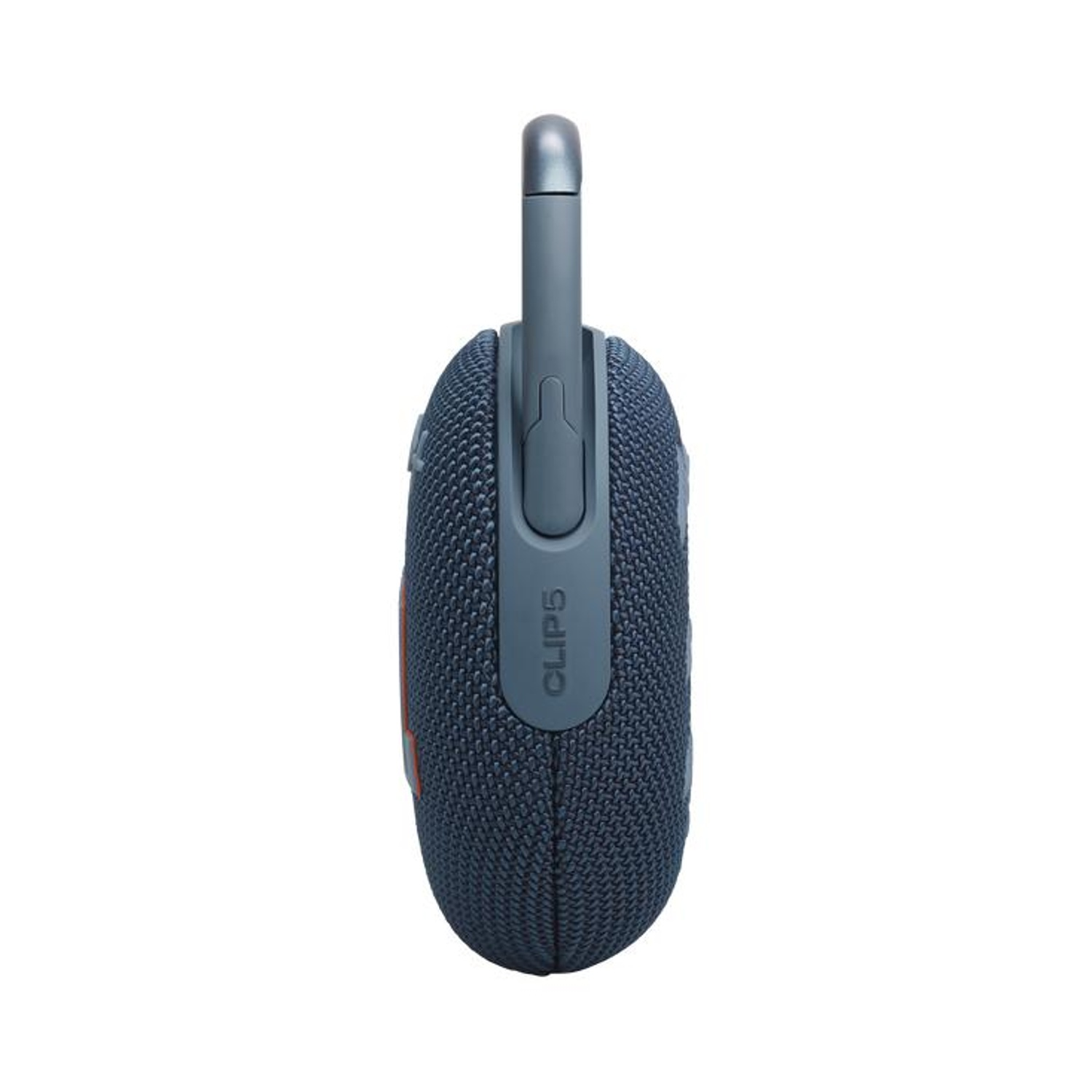 Un altoparlante JBL Clip 5 blu con moschettone, sfondo bianco.
