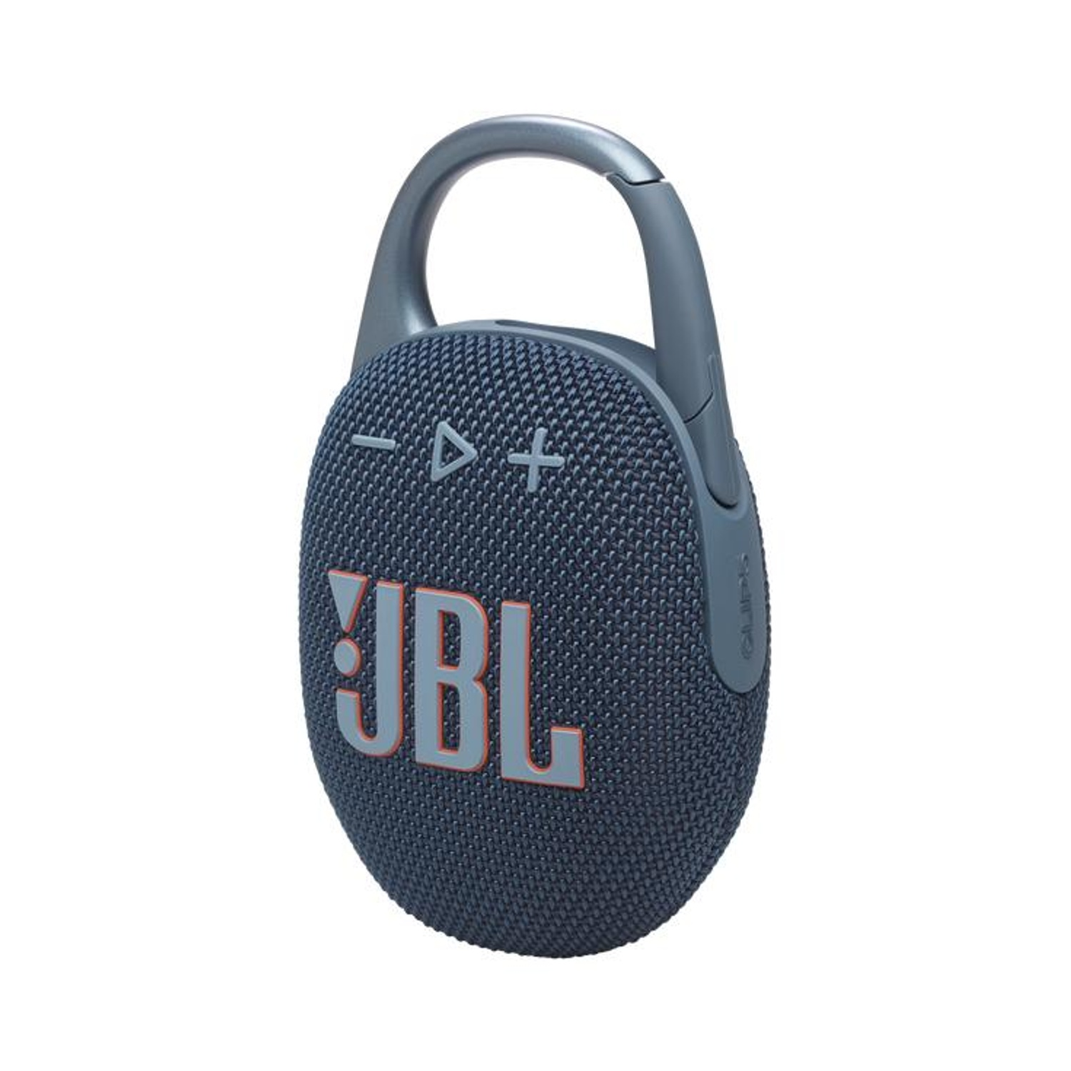 Un altoparlante portatile JBL Clip 4 blu scuro con clip a moschettone grigio.