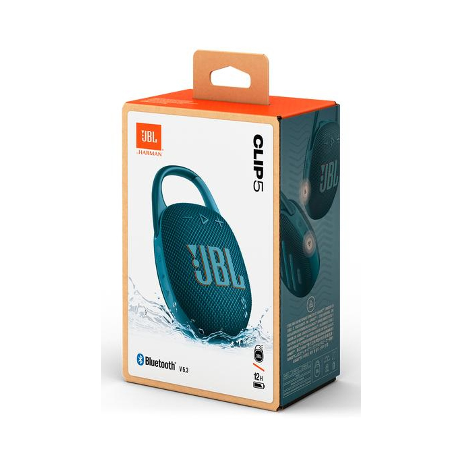 Scatola per altoparlante JBL Clip 5 blu, con design a spruzzi d'acqua.