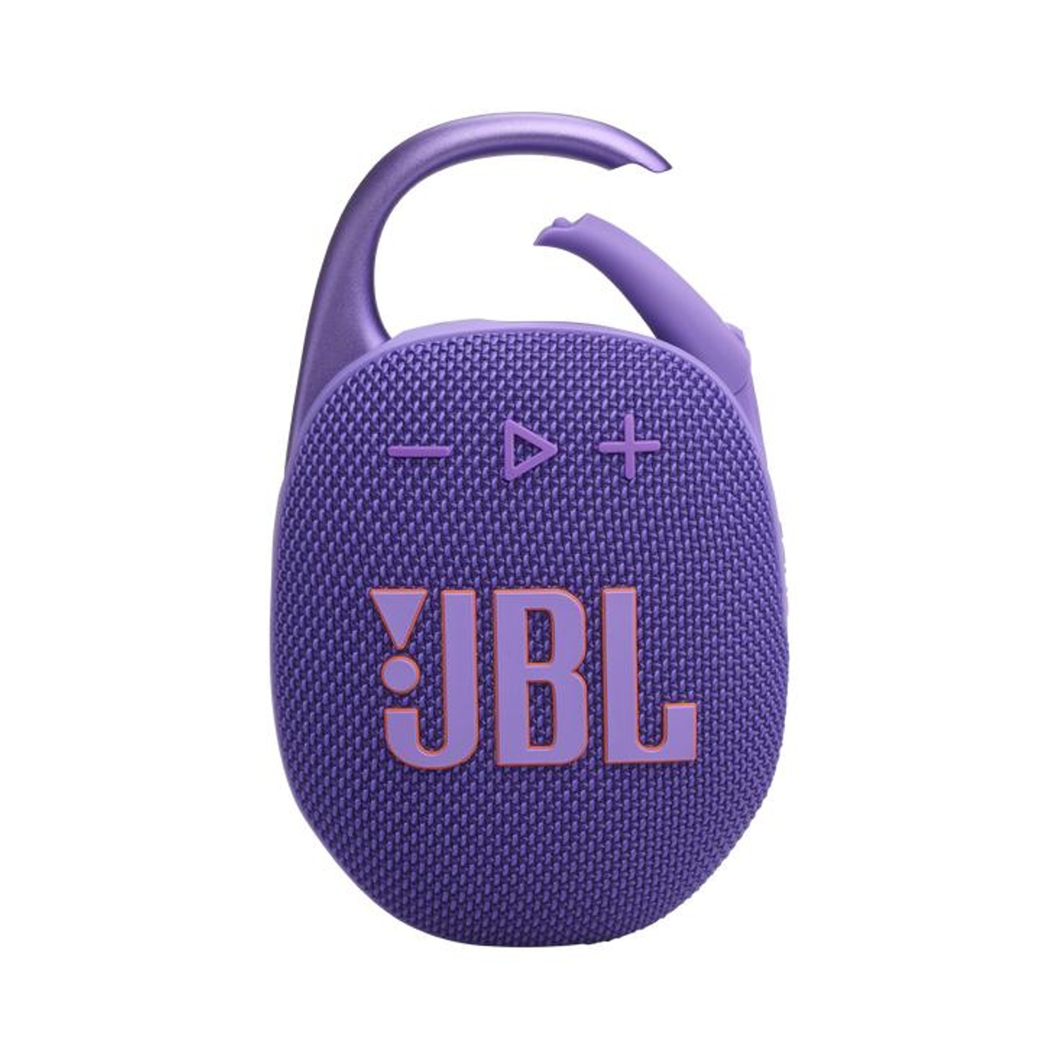 Altoparlante JBL viola a clip con moschettone e pulsanti.