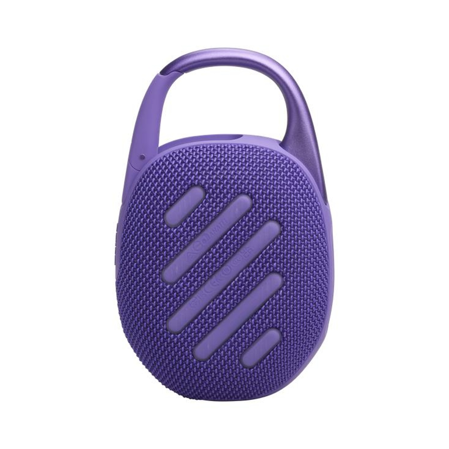 Altoparlante portatile viola con clip.