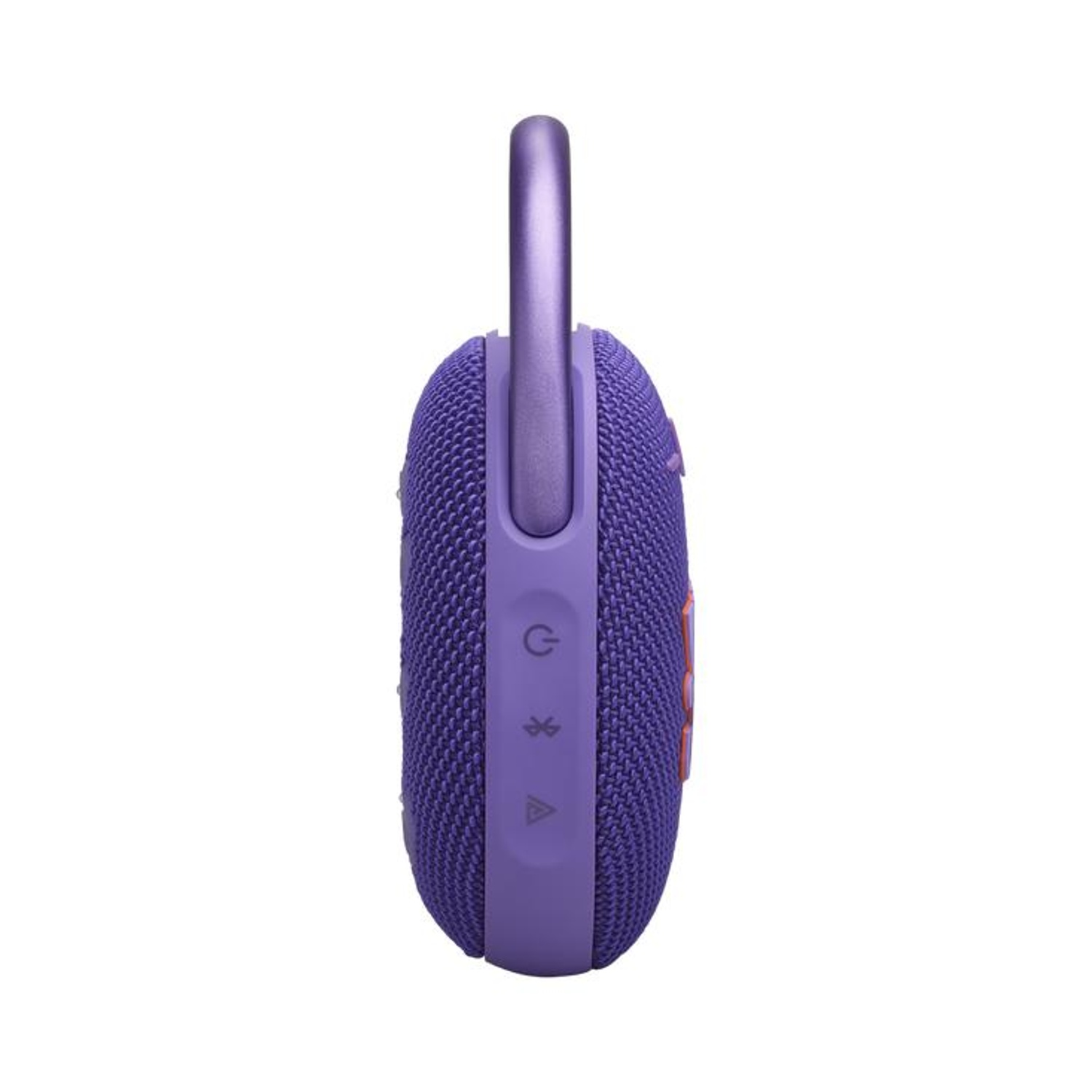 Altoparlante portatile viola con manico e controlli.