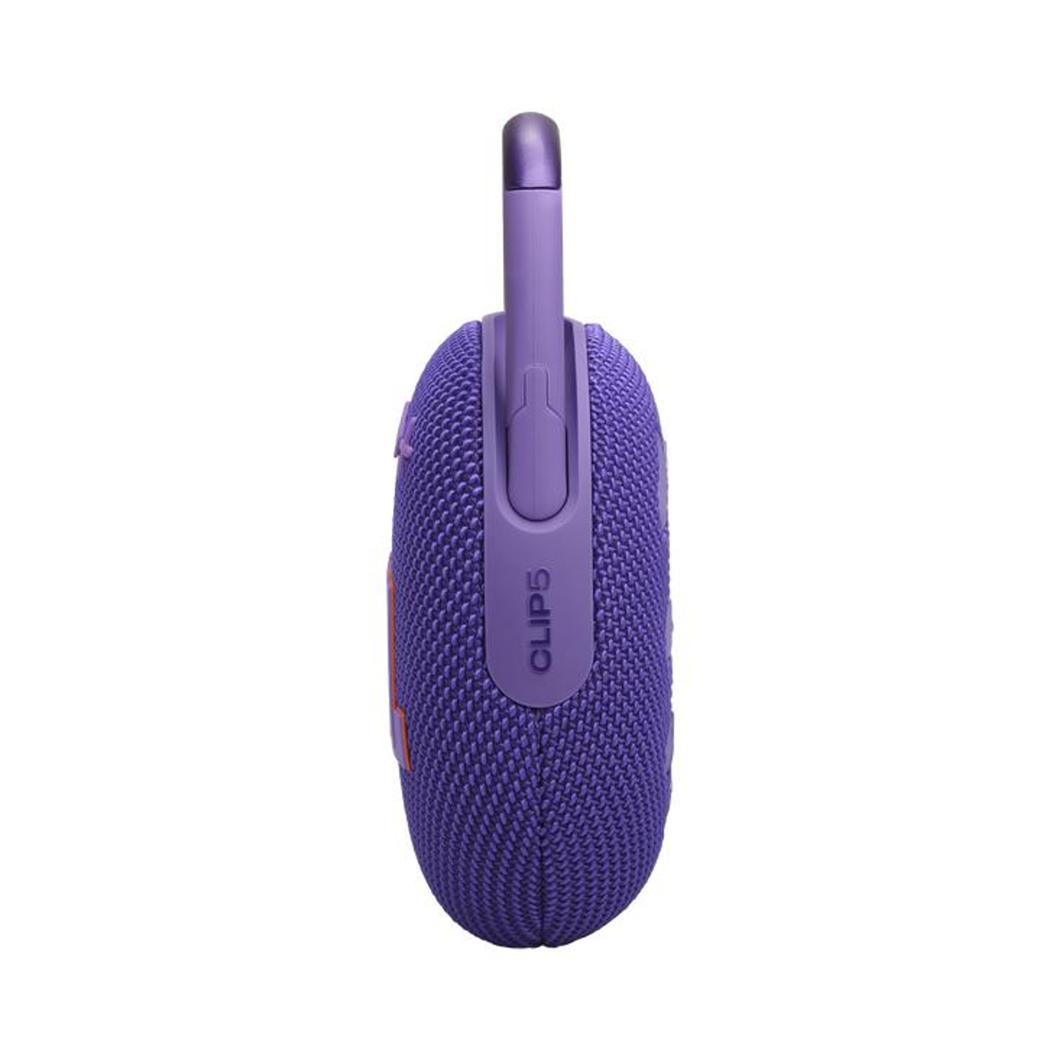 Altoparlante JBL Clip 5 viola con clip moschettone e testo bianco.