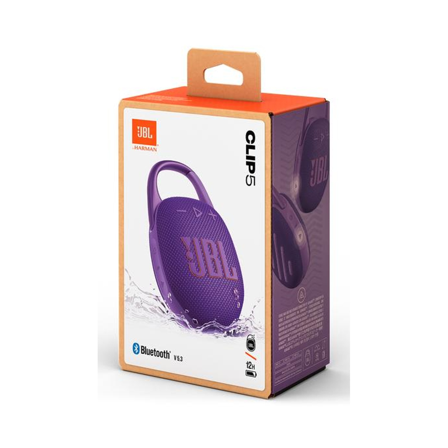 Scatola per altoparlante Bluetooth JBL CLIP 5 viola con moschettone.