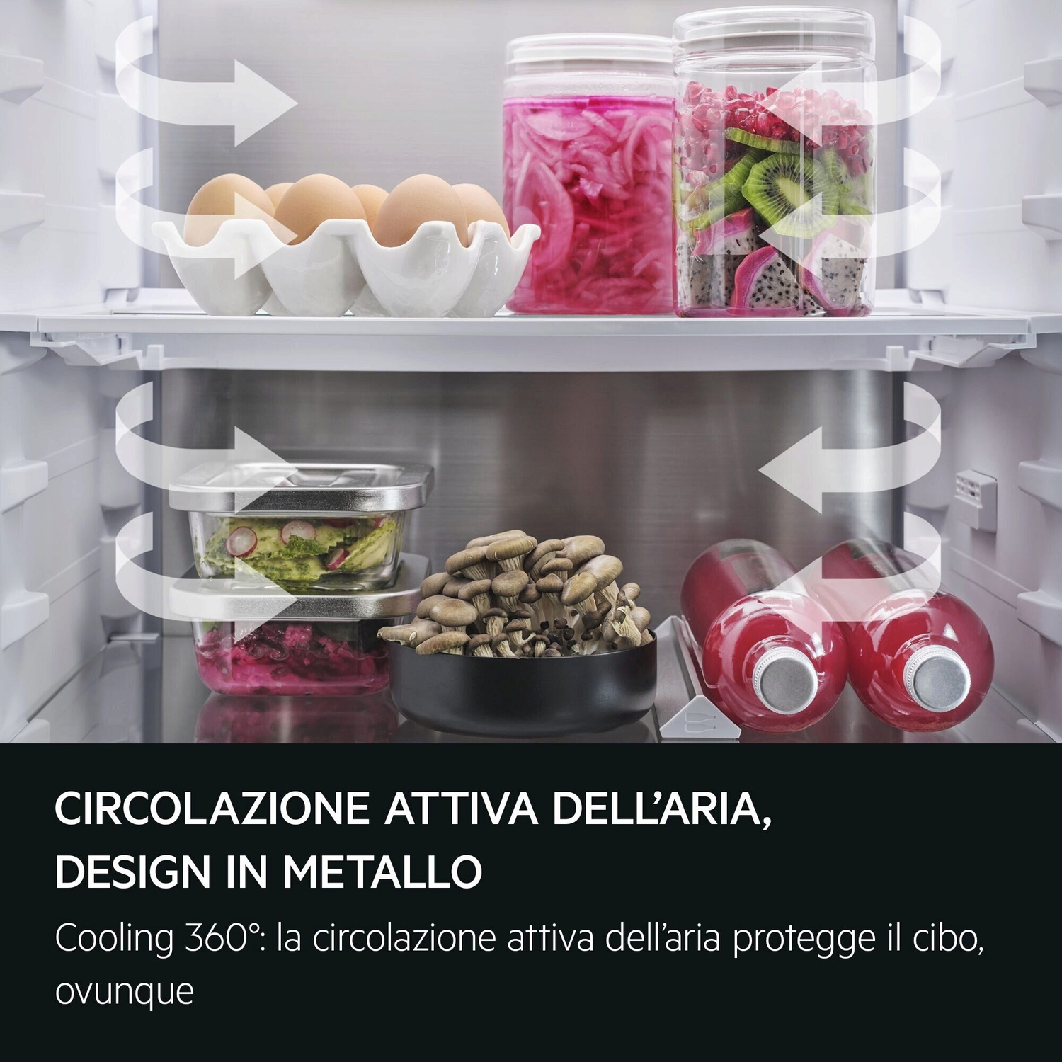 Interno frigorifero con uova, barattoli, funghi e bevande, circolazione aria.