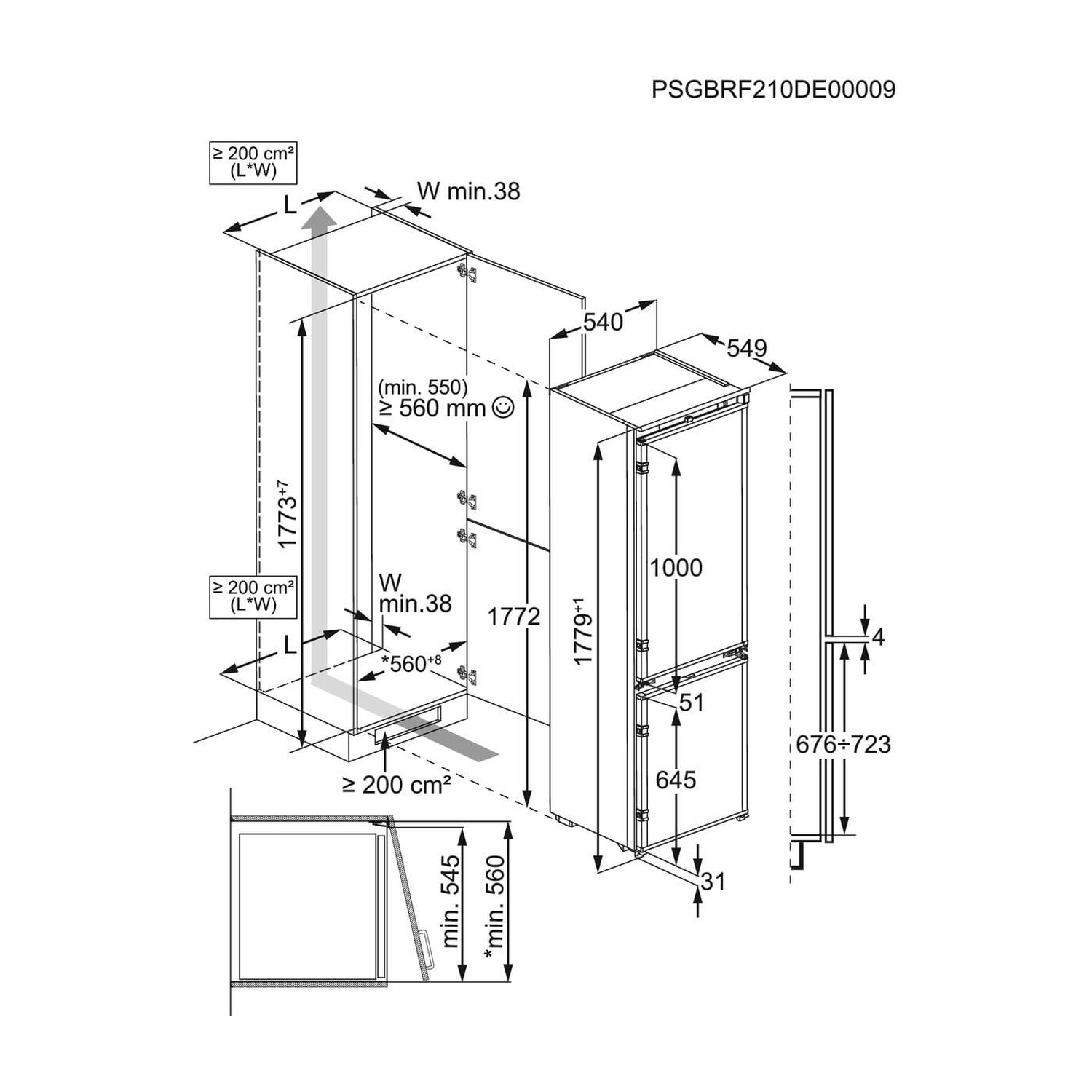 Disegno tecnico di un frigorifero con dimensioni e requisiti di ventilazione.