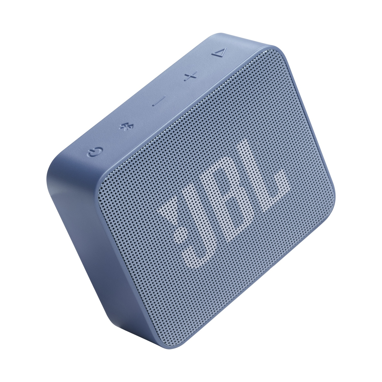 Un piccolo altoparlante Bluetooth JBL blu con griglia frontale e pulsanti di controllo.