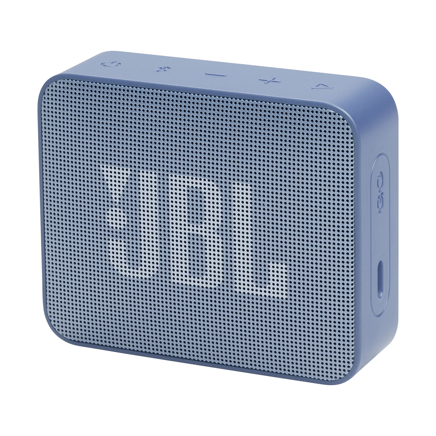 Un altoparlante JBL Go 3 blu con griglia frontale e controlli superiori.