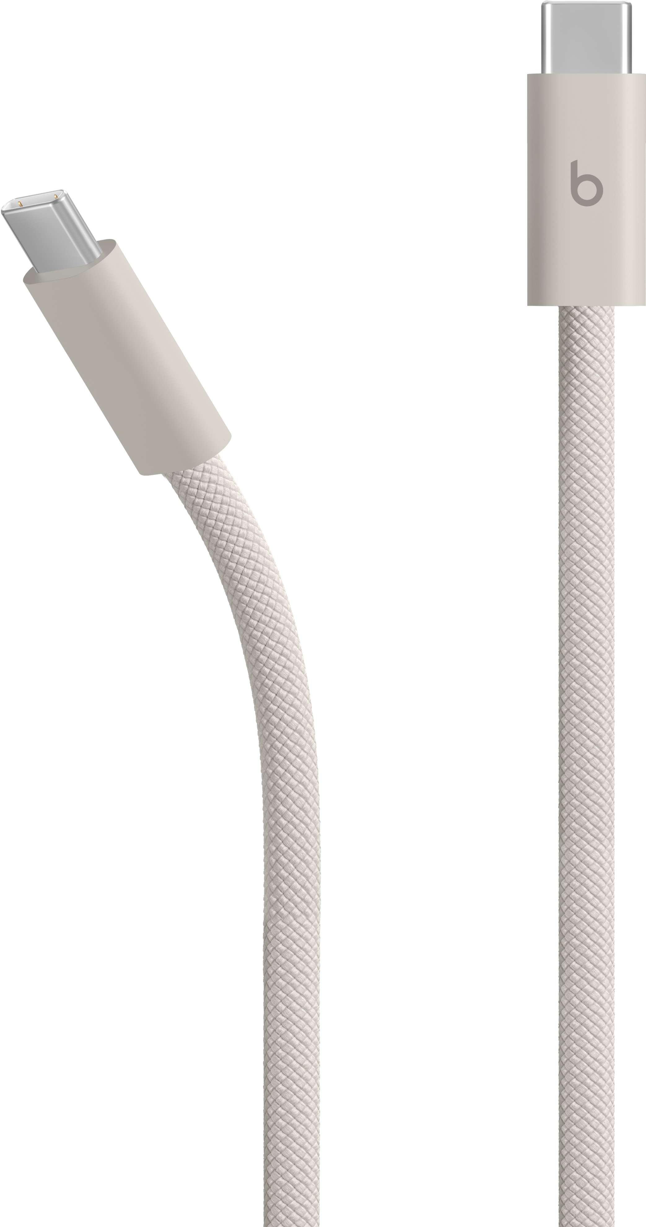 Un câble USB-C blanc avec un logo 'b' sur le connecteur.