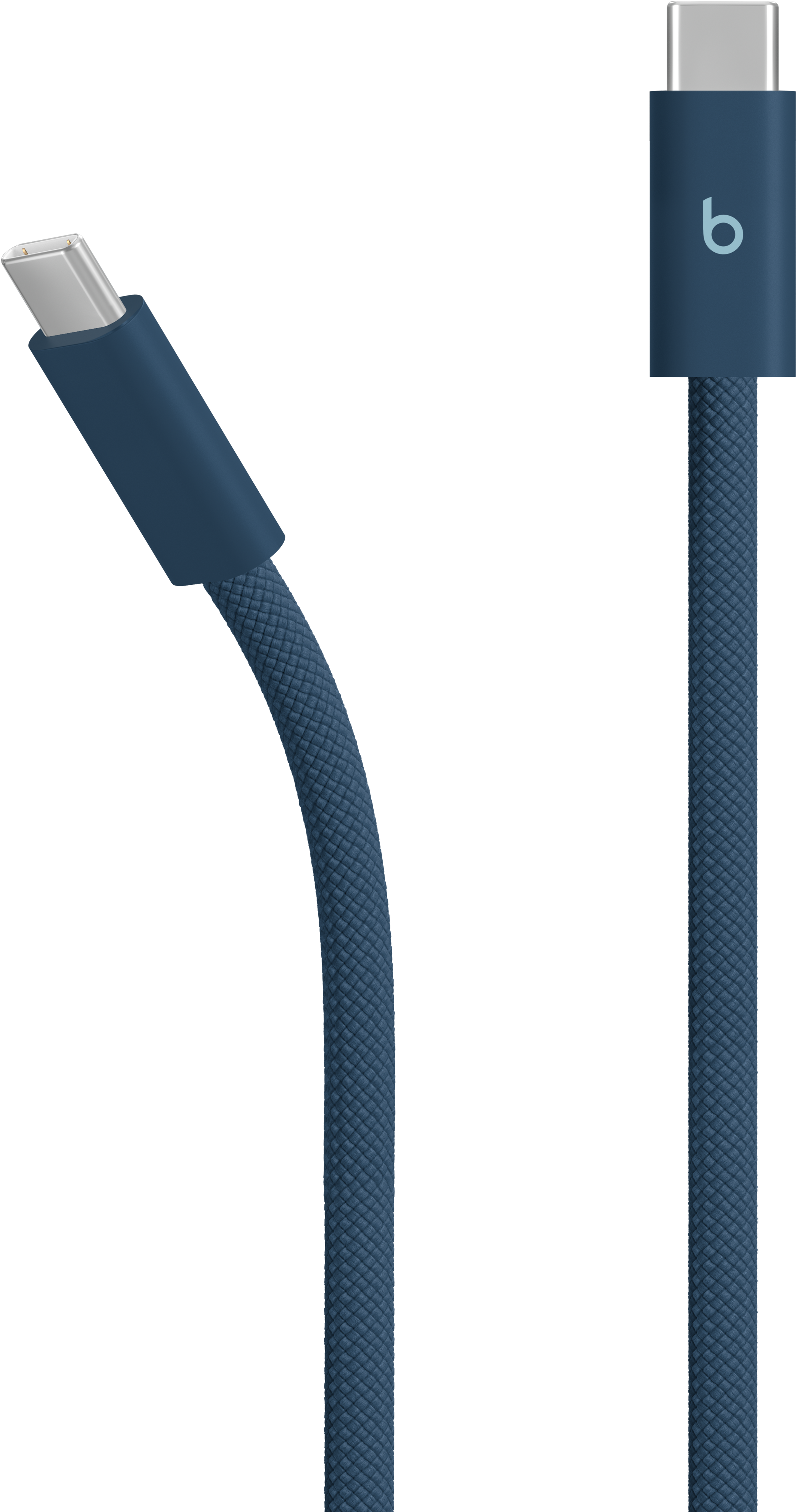 Ein blauer USB-C-Ladekabel mit Stoffummantelung und einem 'b'-Logo.