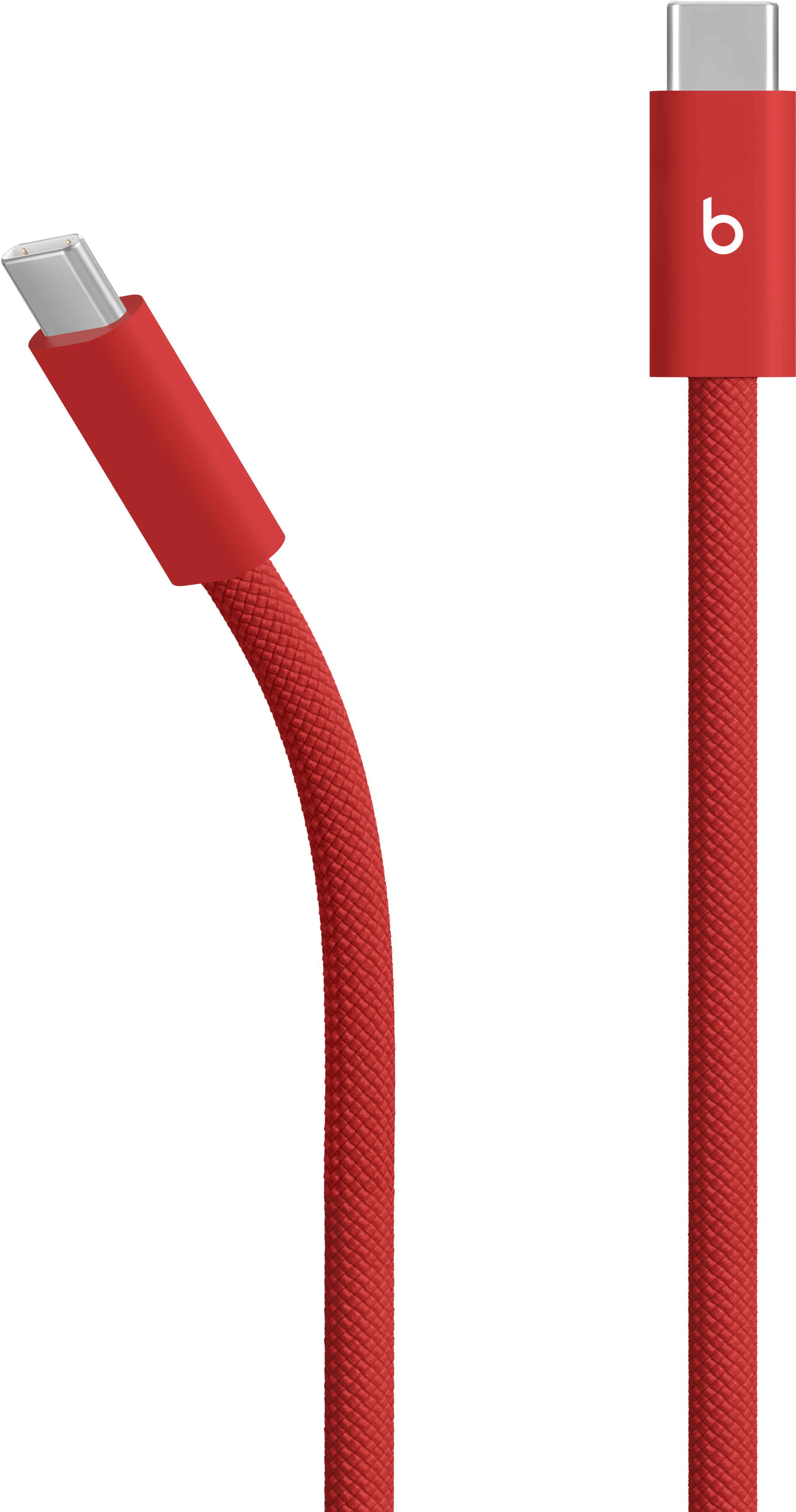 Ein rotes USB-C-Kabel mit Beats-Logo auf schwarzem Hintergrund.