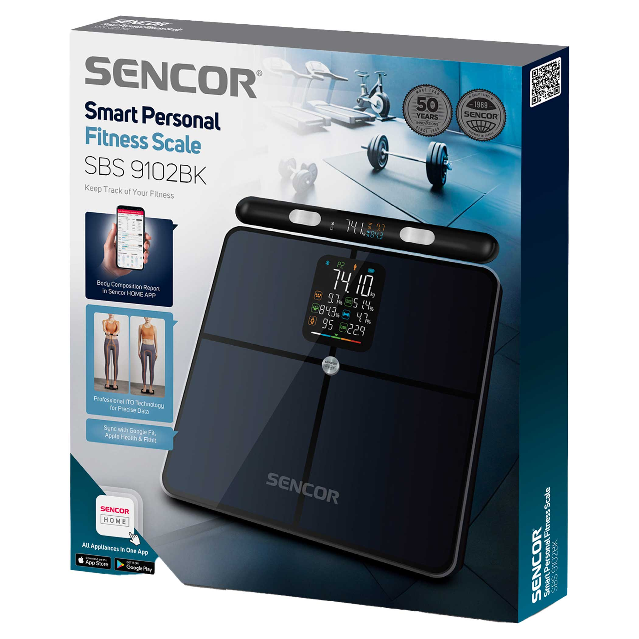 SENCOR Smart SBS 9102BK mérleg a csomagoláson fitneszfelszerelés grafikával.