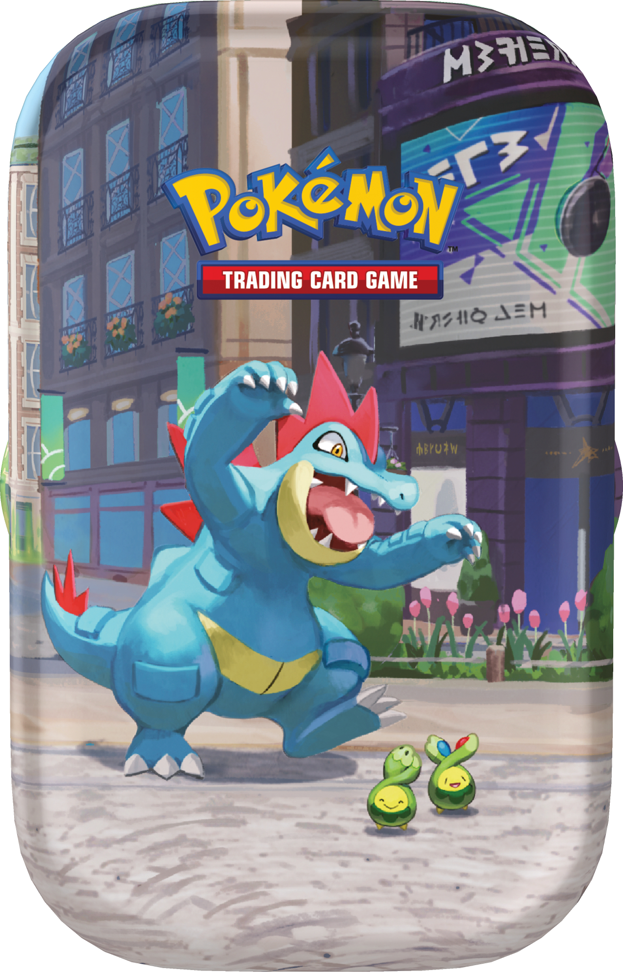 Ein blauer Pokémon-Krokodil-Charakter mit roten Stacheln auf dem Rücken steht auf einem Bürgersteig.