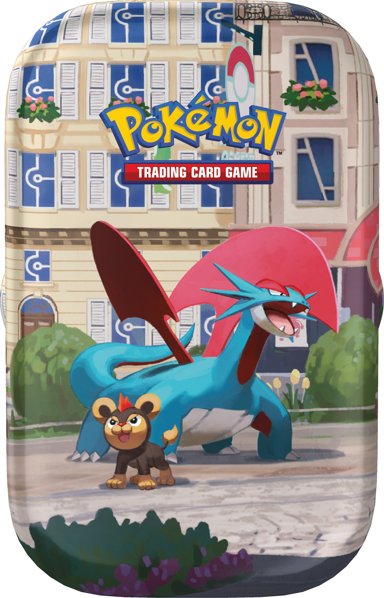 Pokemon TCG Dose mit blauem Drachen und braunem Welpen-Pokemon vor einem Gebäude.