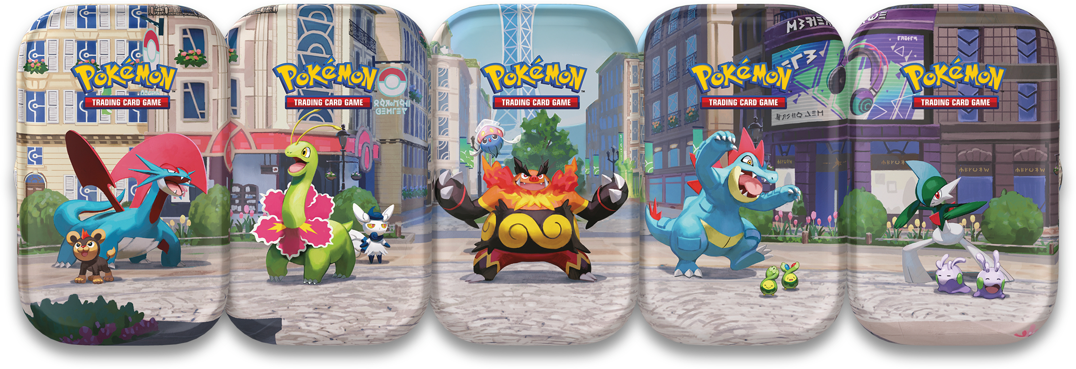 Fünf Pokémon-Sammelkartenspiel-Dosen mit verschiedenen Pokémon in einer städtischen Umgebung.