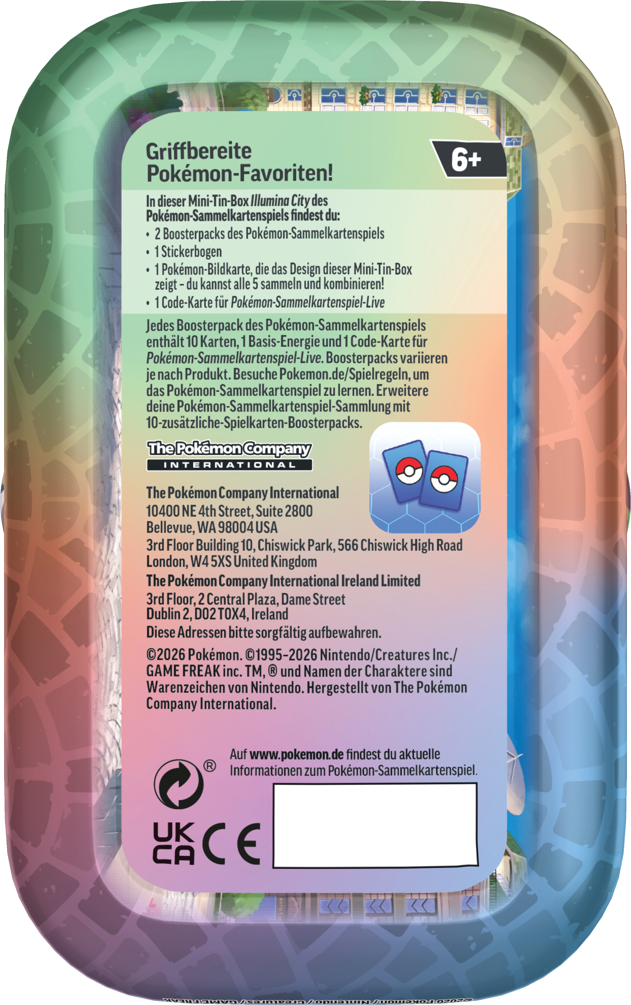 Rückseite einer Pokémon Sammelkarten-Tin-Box mit Produktinformationen und Altersfreigabe 6+.