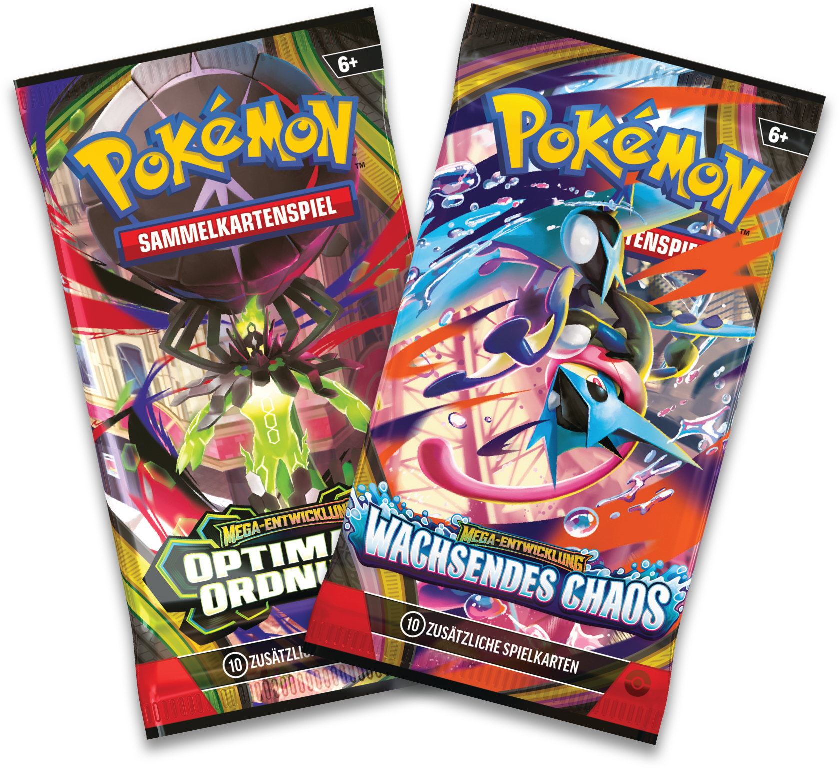Zwei Pokémon-Sammelkartenspiel-Boosterpacks mit Pokémon-Illustrationen.