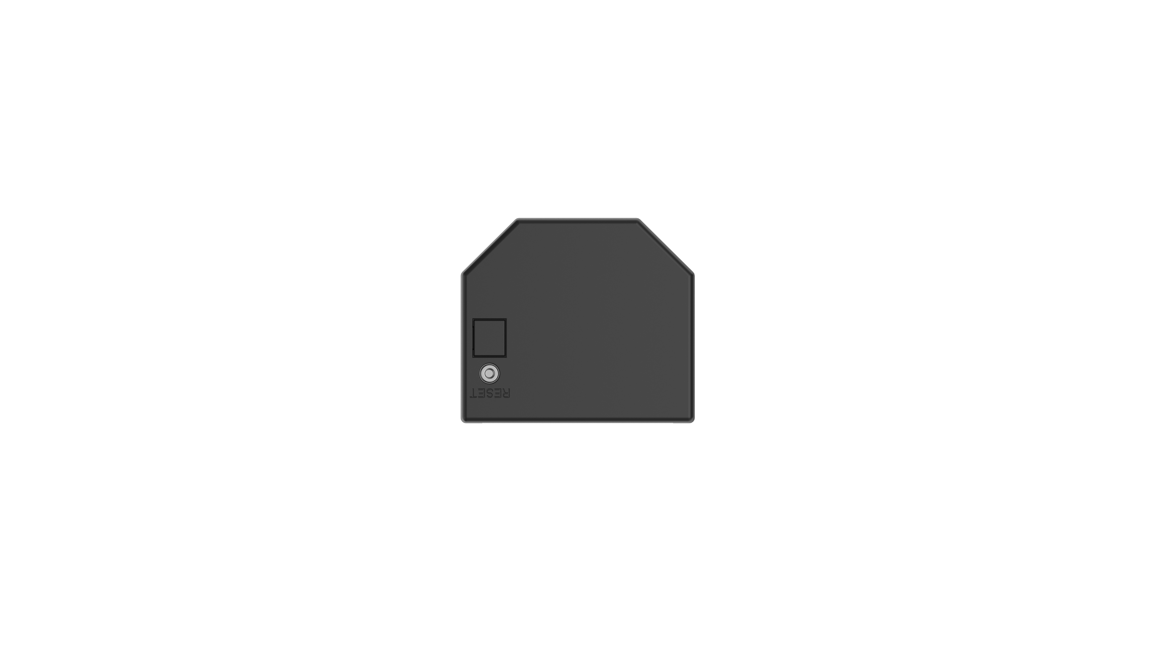 Dispositivo electrónico gris con botón de reinicio y agujero rectangular.