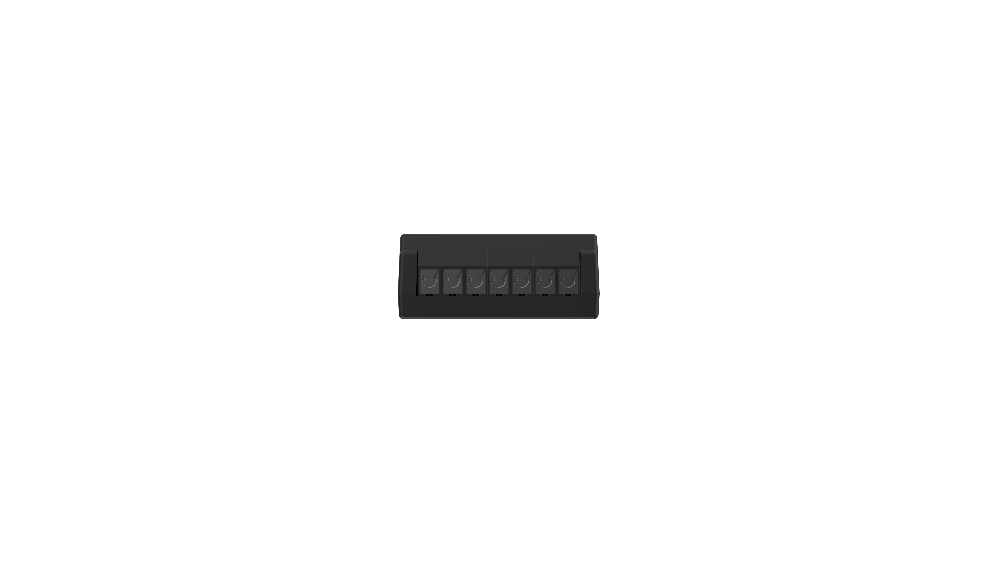 Componente electrónico rectangular negro con seis conectores plateados.