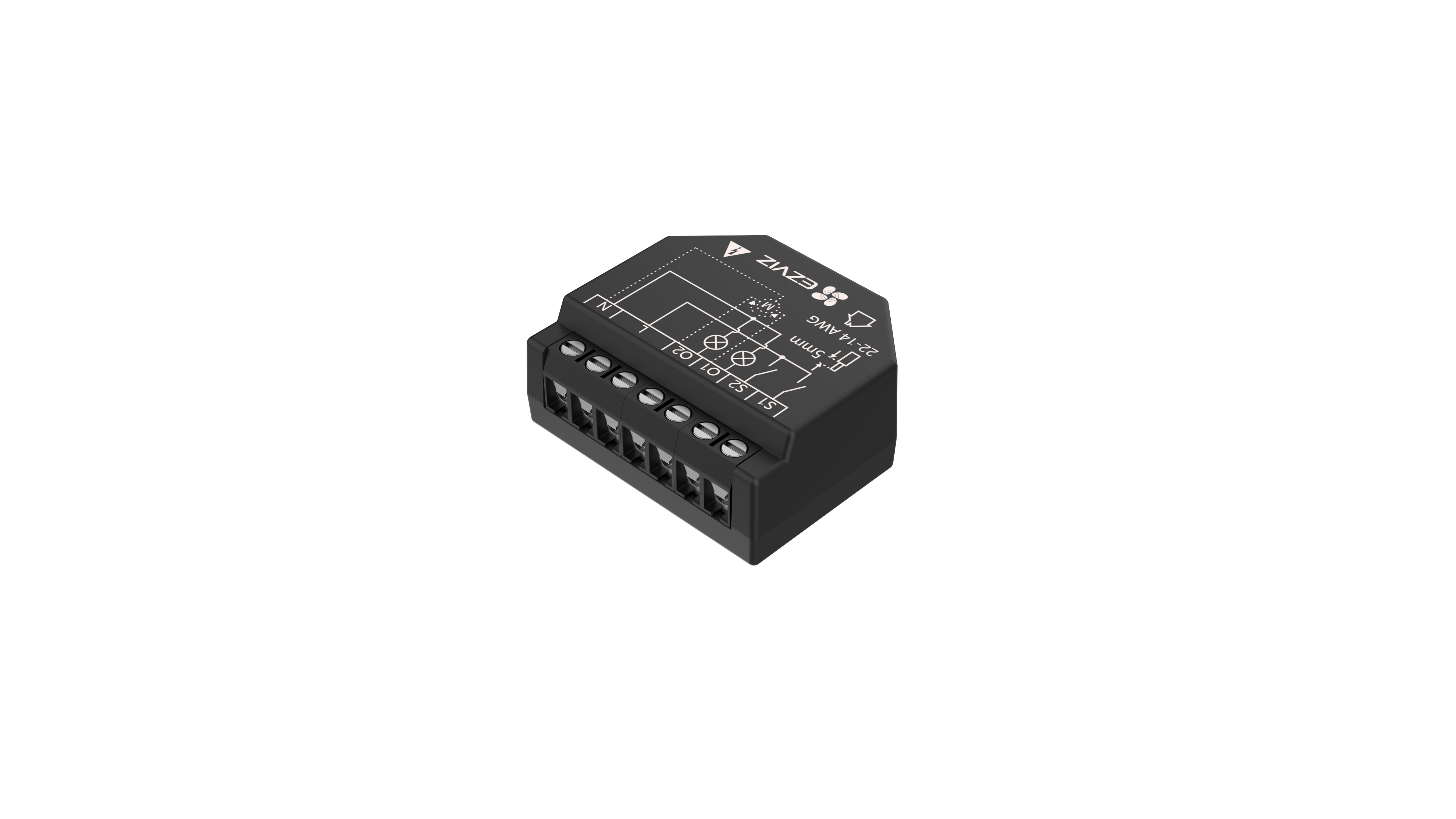 Adaptador EZVIZ negro con terminales de tornillo y etiquetas.