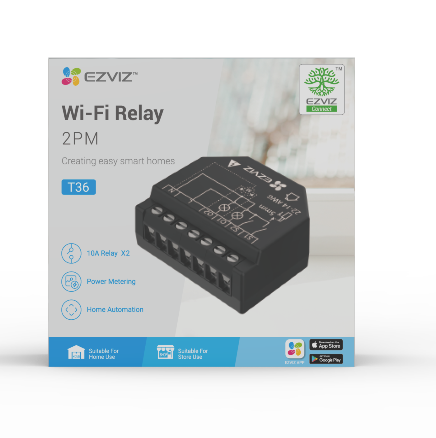EZVIZ Wi-Fi Relé 2PM T36, mostrando conexiones, funciones y descarga de app.