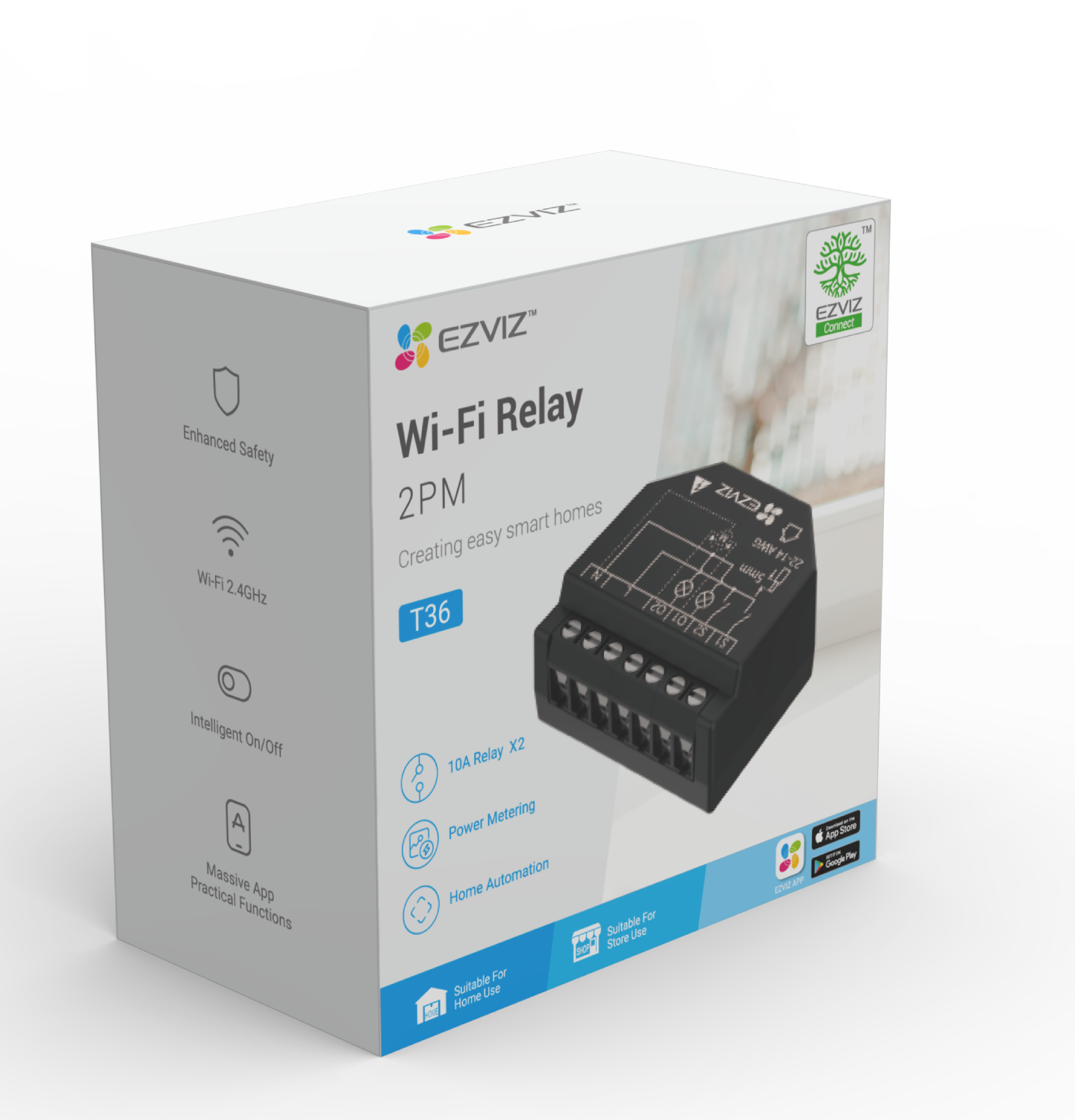 Caja para EZVIZ Wi-Fi Relay T36, muestra funciones como seguridad mejorada y control por app.