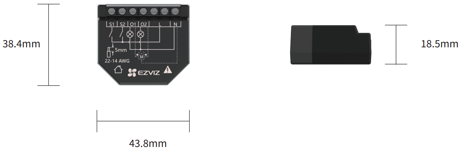 Diagrama de cableado y dimensiones de un módulo negro para hogar inteligente.