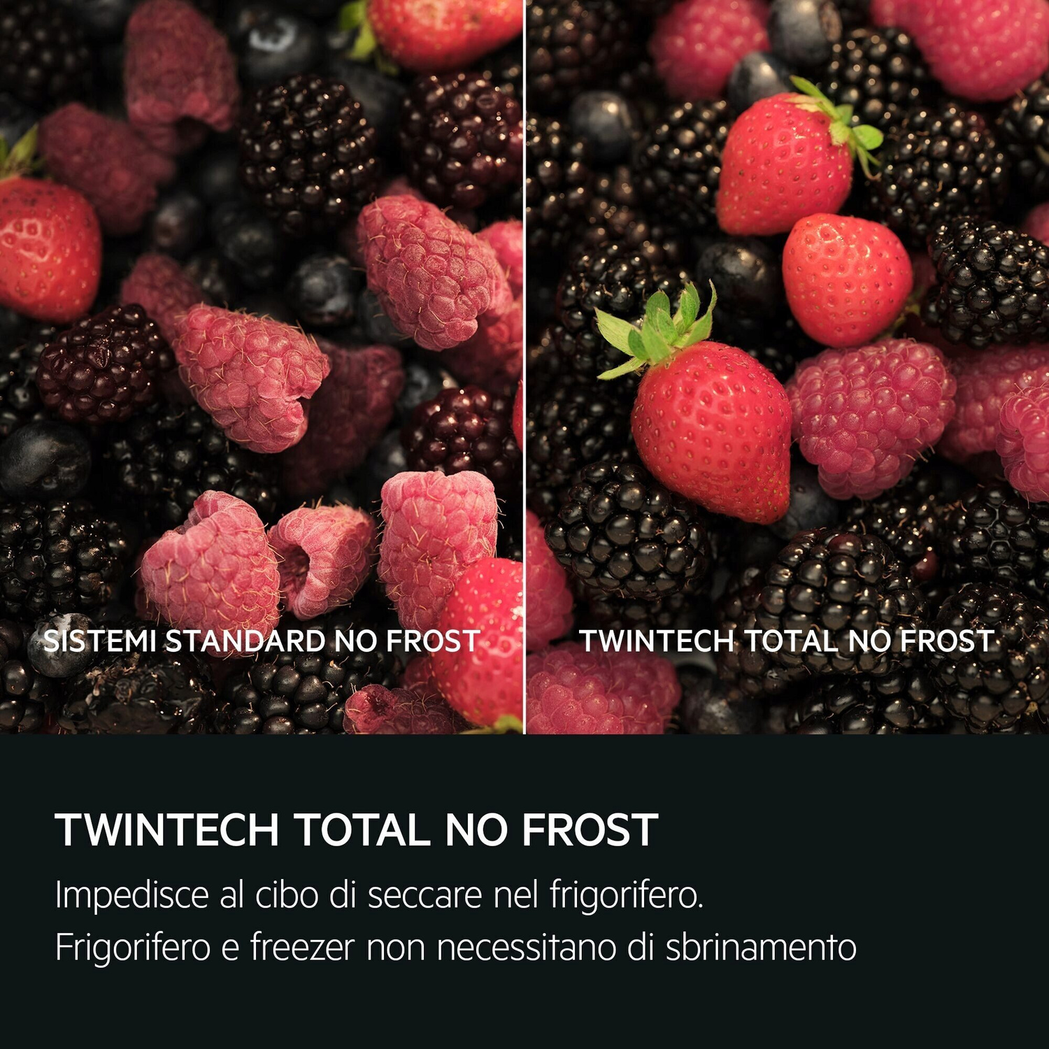 Primo piano di bacche, fragole e lamponi con testo.