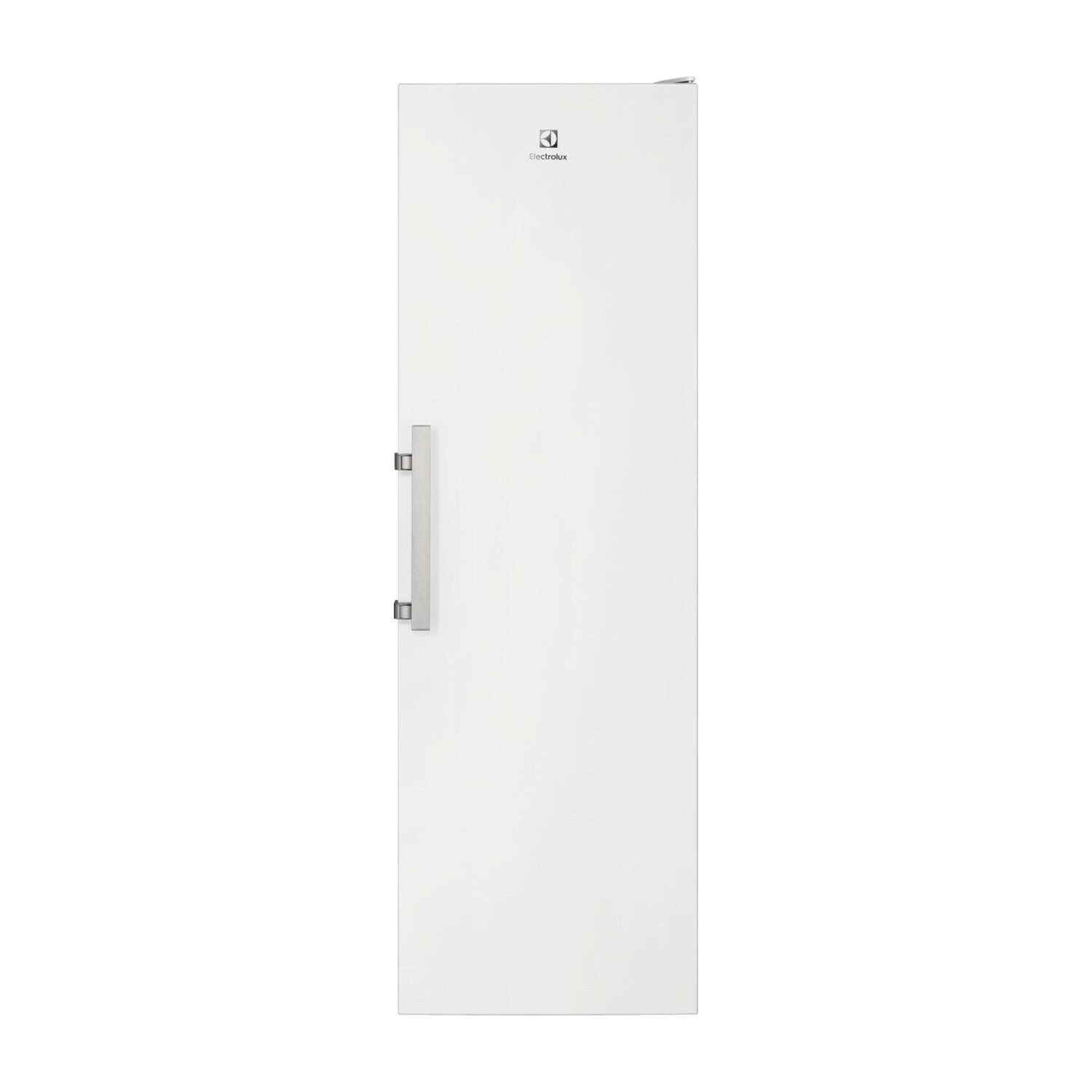 Un congelatore bianco con maniglia argentata e logo Electrolux.