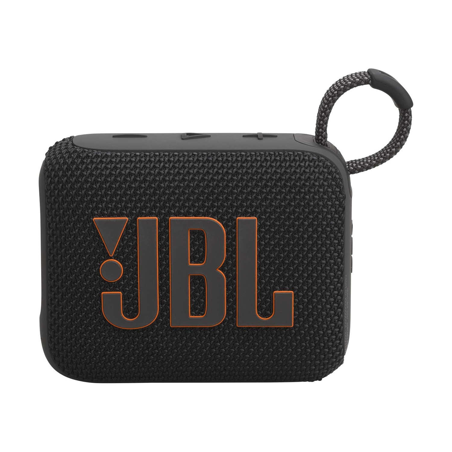 Altoparlante portatile JBL Go 3 nero con logo JBL arancione e anello in tessuto.