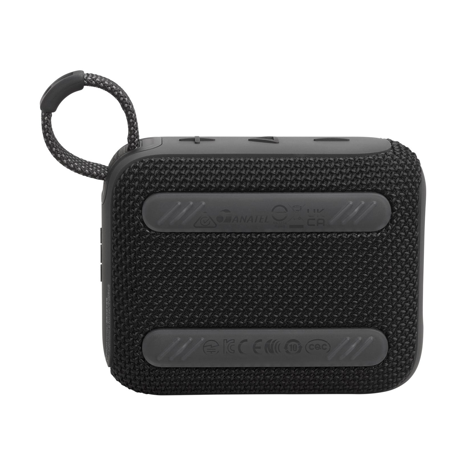 Altoparlante portatile nero con texture in tessuto e un anello. Pulsanti in alto.