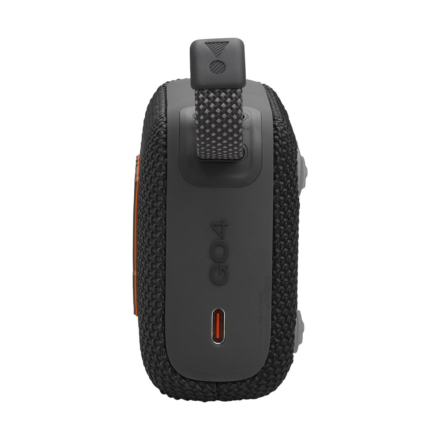 Altoparlante JBL GO4 nero con porta USB-C e tracolla.