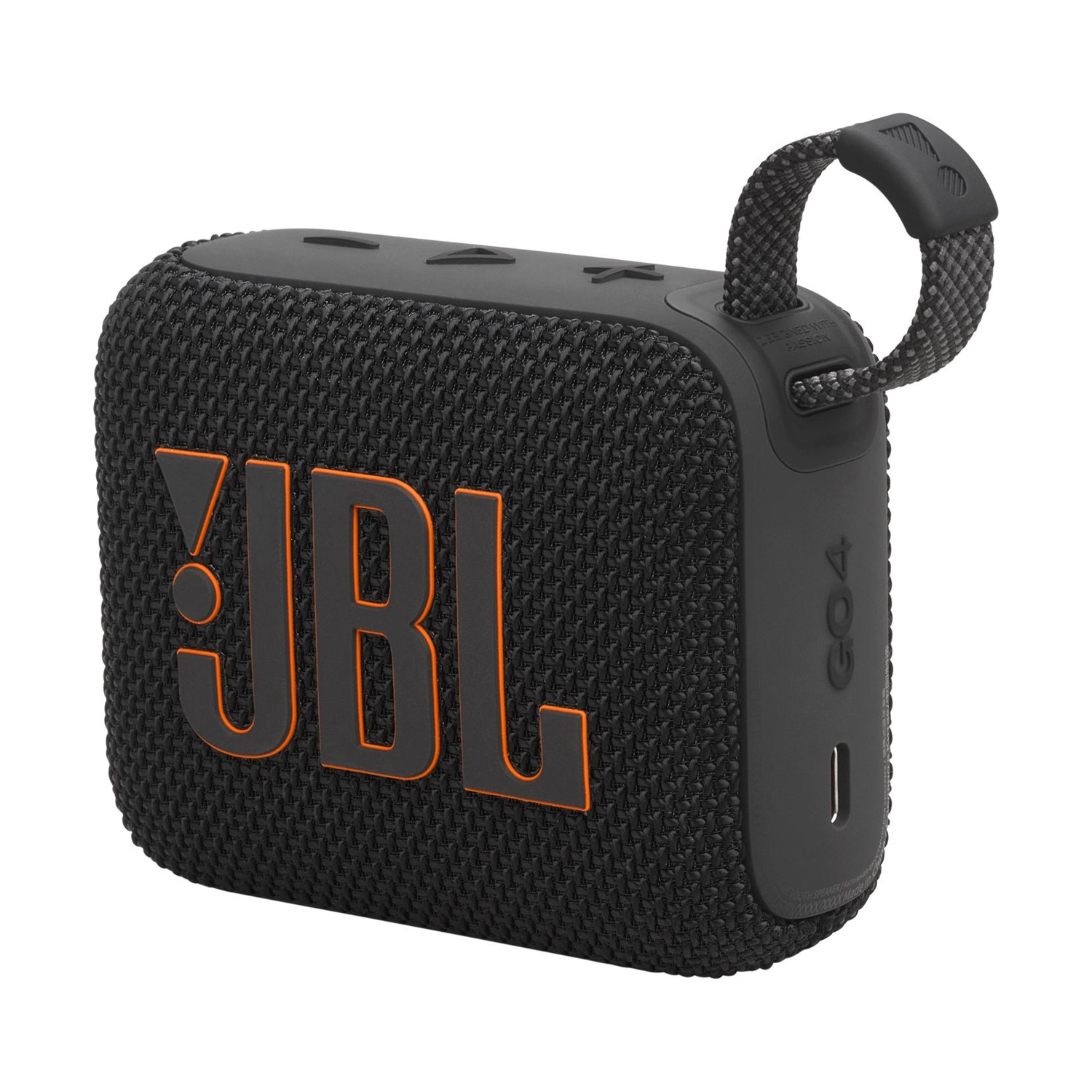 Altoparlante JBL GO4 nero con logo arancione e tracolla.