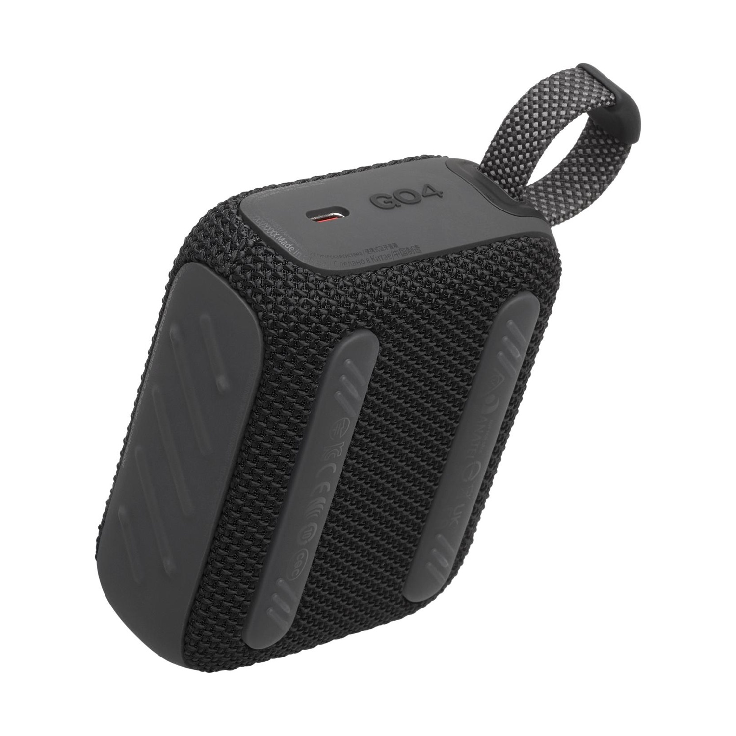 Altoparlante Bluetooth nero con cinturino e logo GO4, su sfondo bianco.