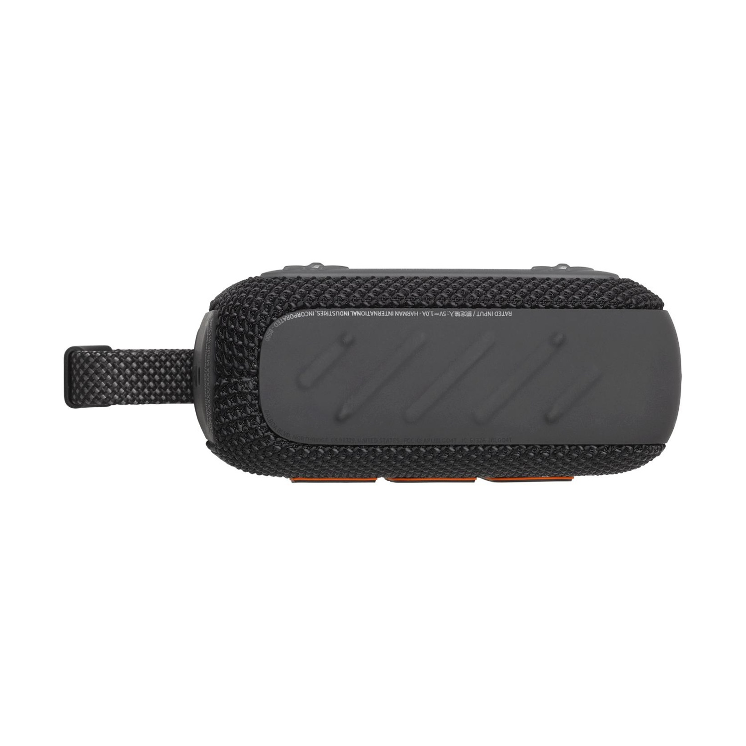 Altoparlante portatile nero con cinturino in tessuto e accenti arancioni. Ingresso nominale: 5V=1.0A.