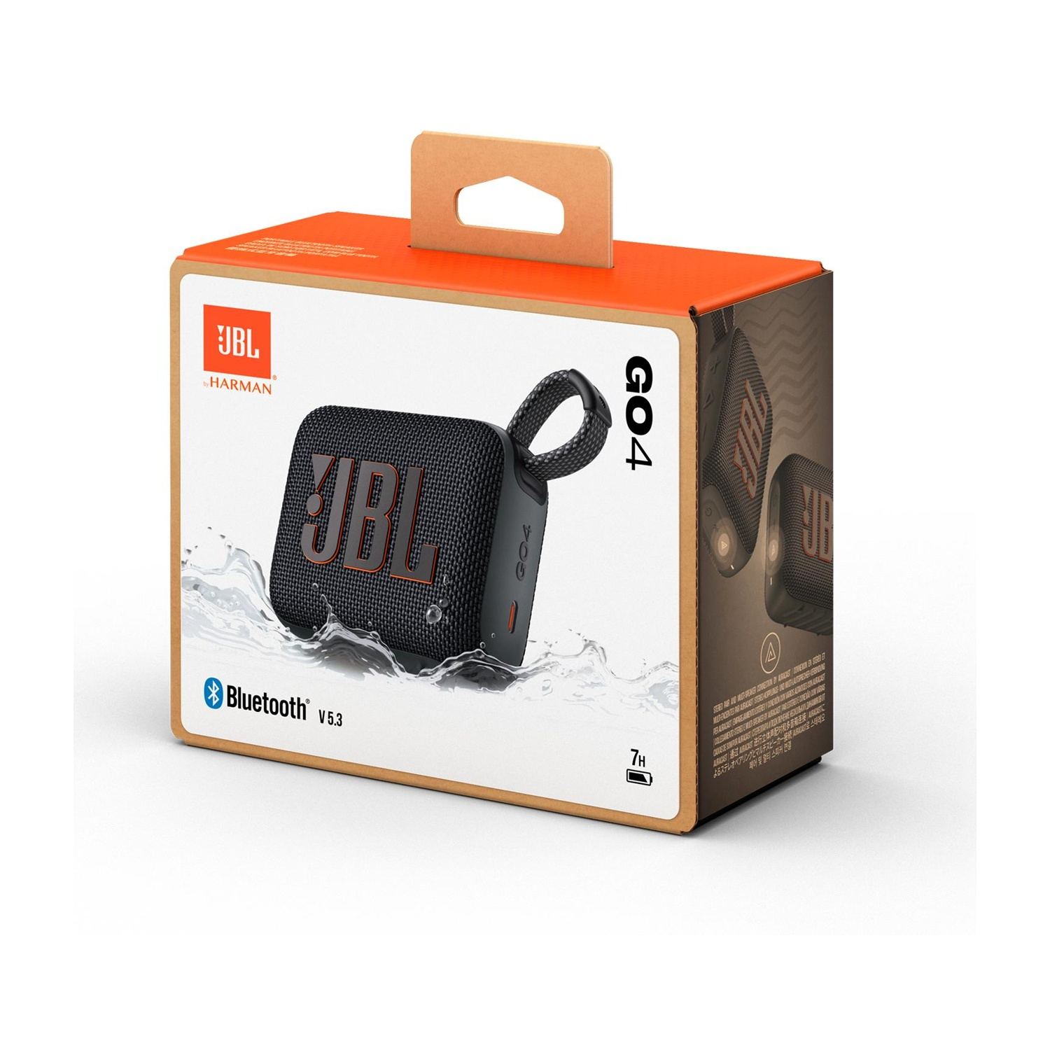 Scatola per altoparlante Bluetooth JBL Go 4 con grafica a spruzzo d'acqua.