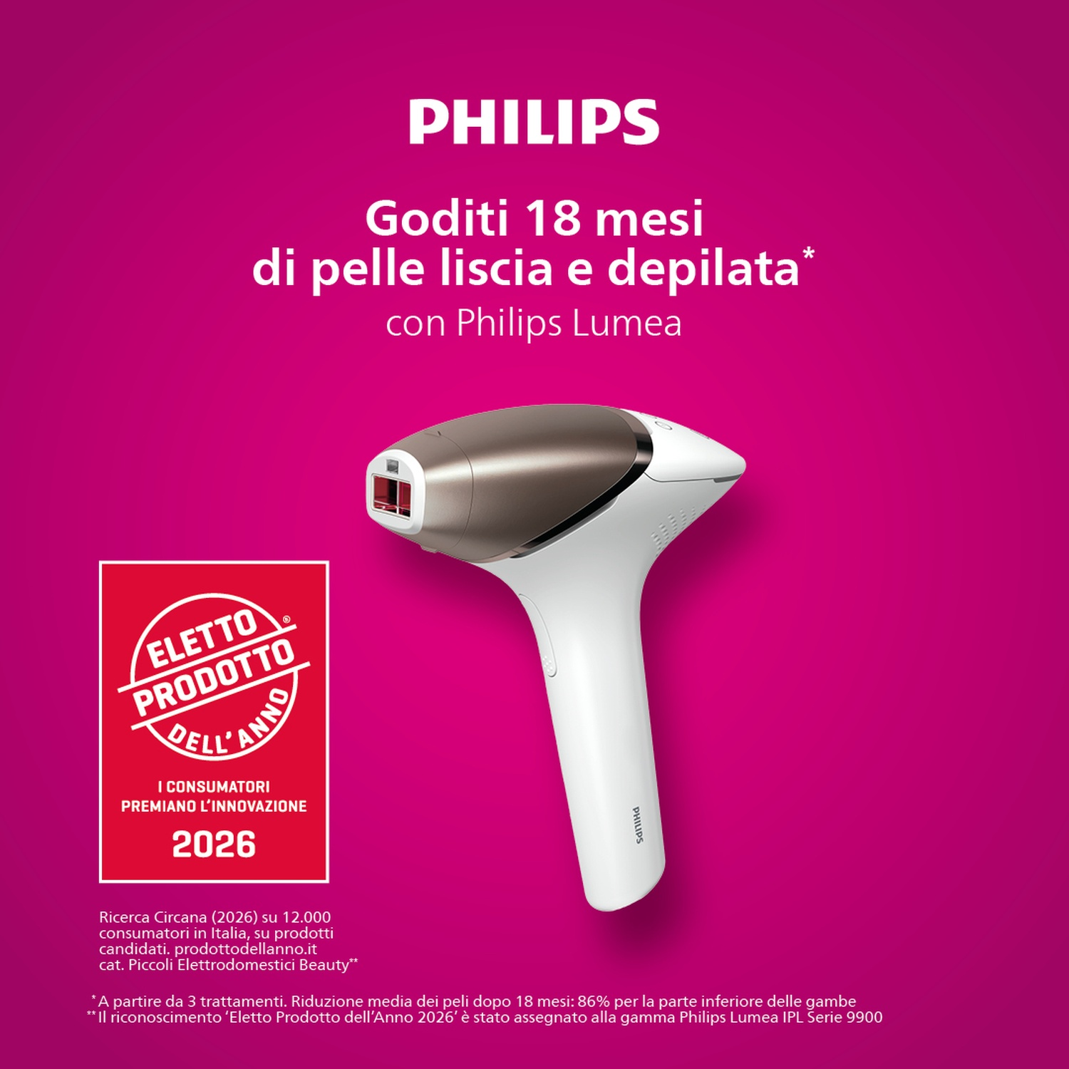 Epilatore Philips Lumea bianco e oro, con premio Prodotto dell'Anno 2026.