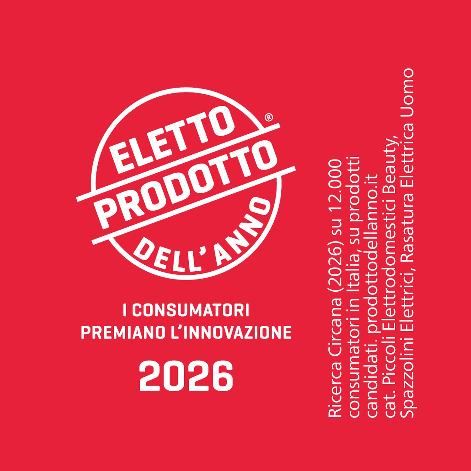 Sfondo rosso con testo bianco: 'Eletto Prodotto dell'Anno 2026'.