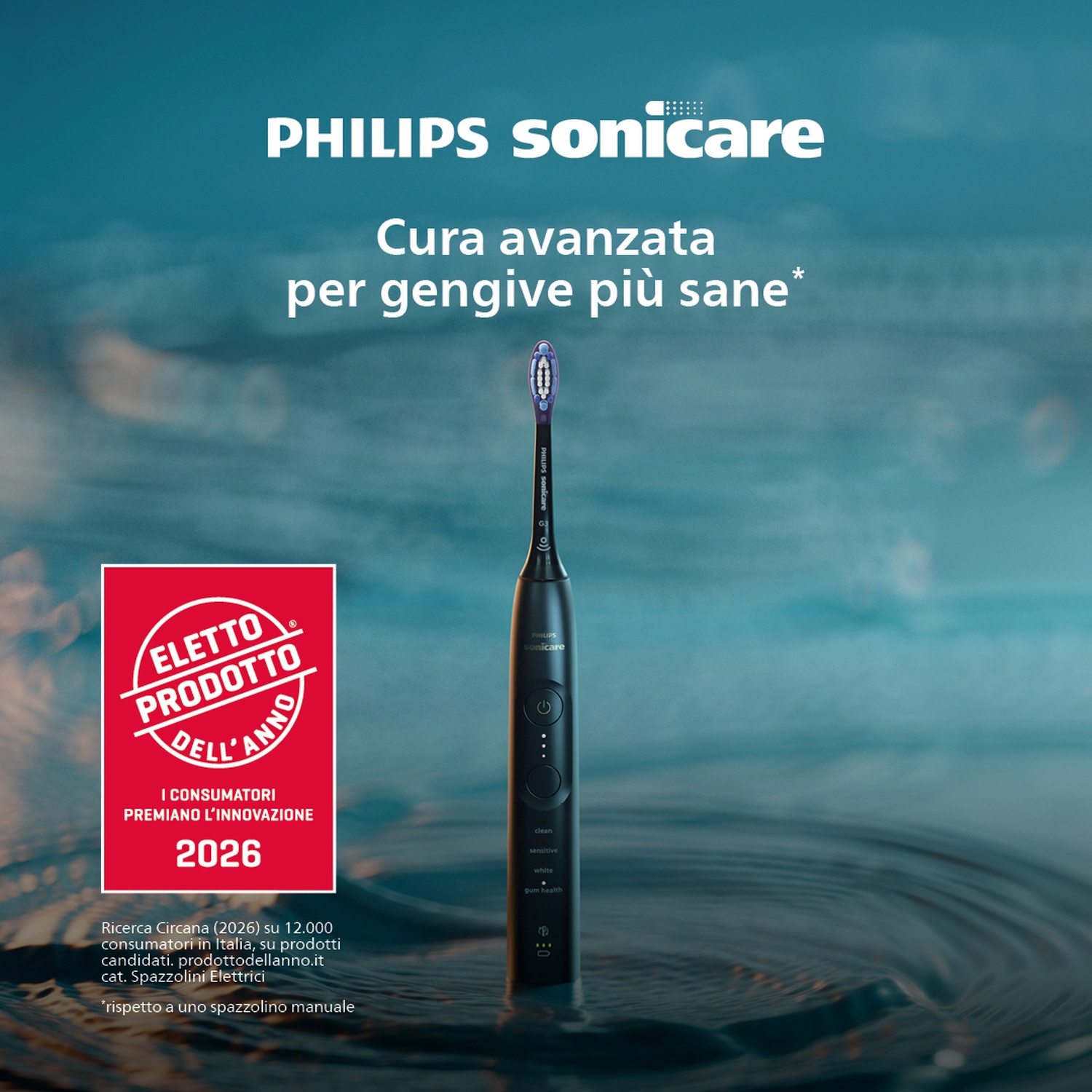 Spazzolino Philips Sonicare nero con setole viola su sfondo blu e sigillo rosso.