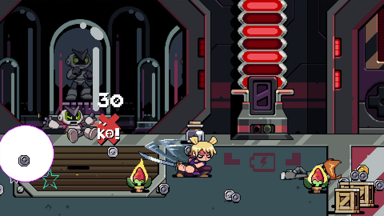 Personaje de anime con espadas en un juego de lucha futurista.