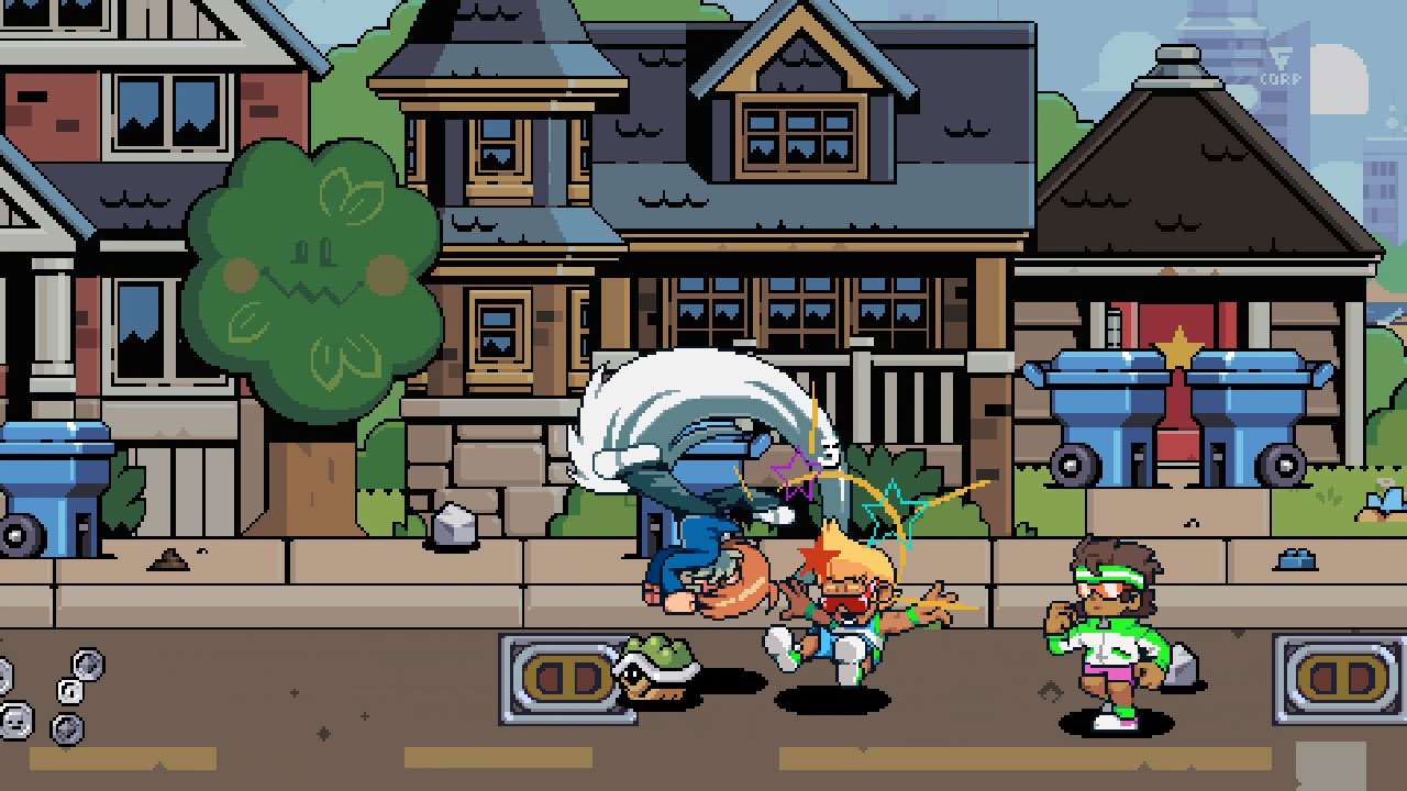 Escena de arte de píxeles de personajes luchando en una calle con casas y árboles.