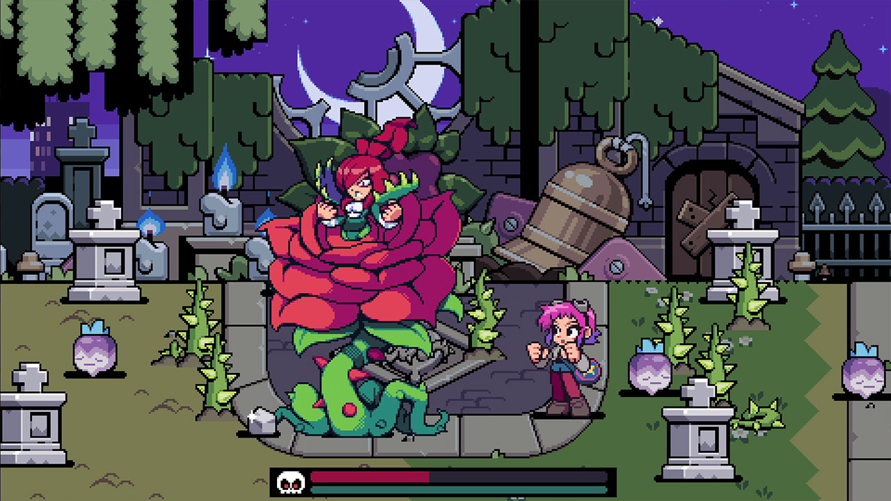 Una mujer en una rosa roja gigante lucha contra otra mujer en un cementerio.