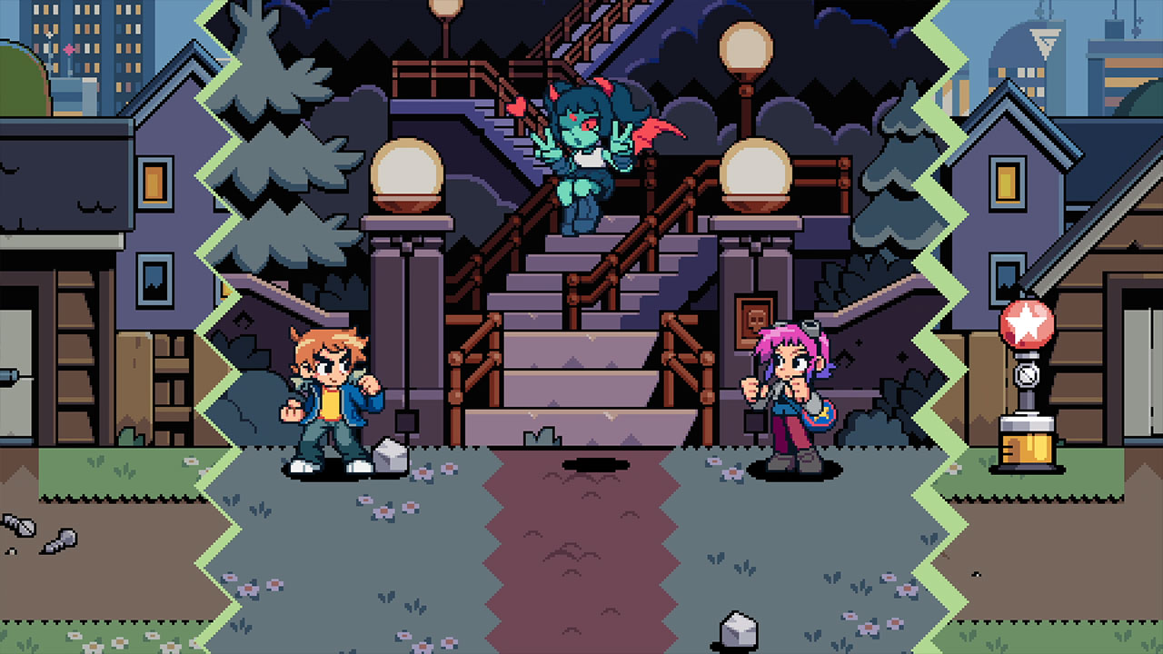 Escena de pixel art con personajes y un demonio en escaleras. Fondo de ciudad y casas.