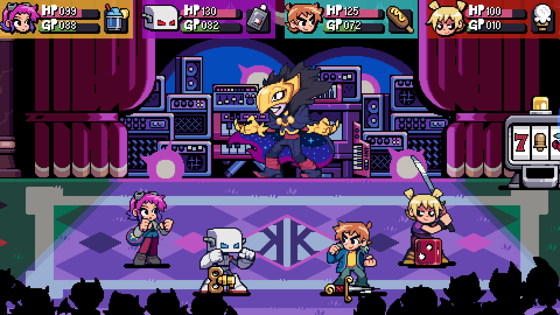 Personajes de píxeles en un escenario con equipo de música y una máquina tragaperras.