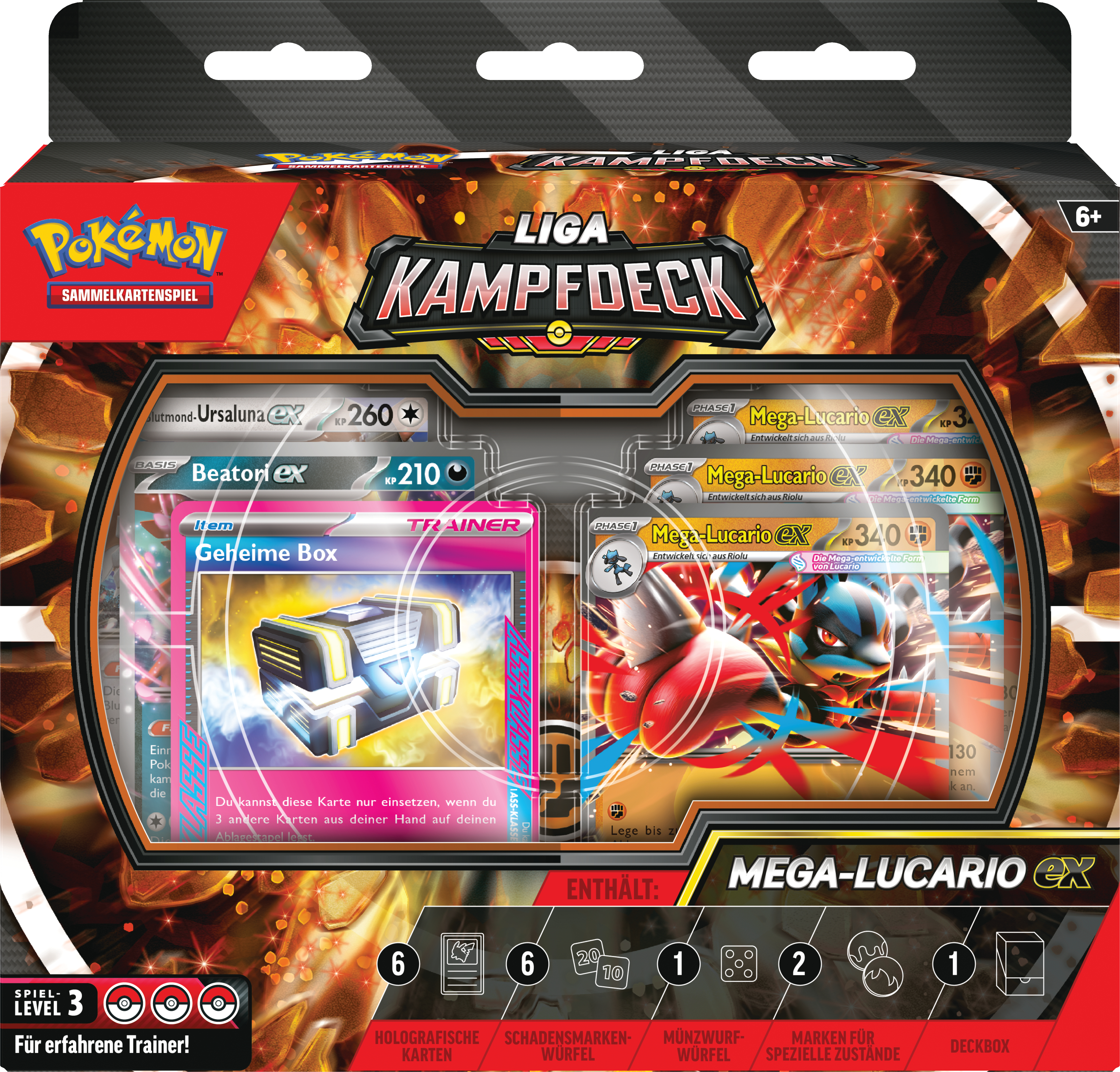 Pokemon Liga Kampfdeck mit Mega-Lucario EX, Ursaluna und Beaton. Enthält Karten, Würfel und Deckbox.